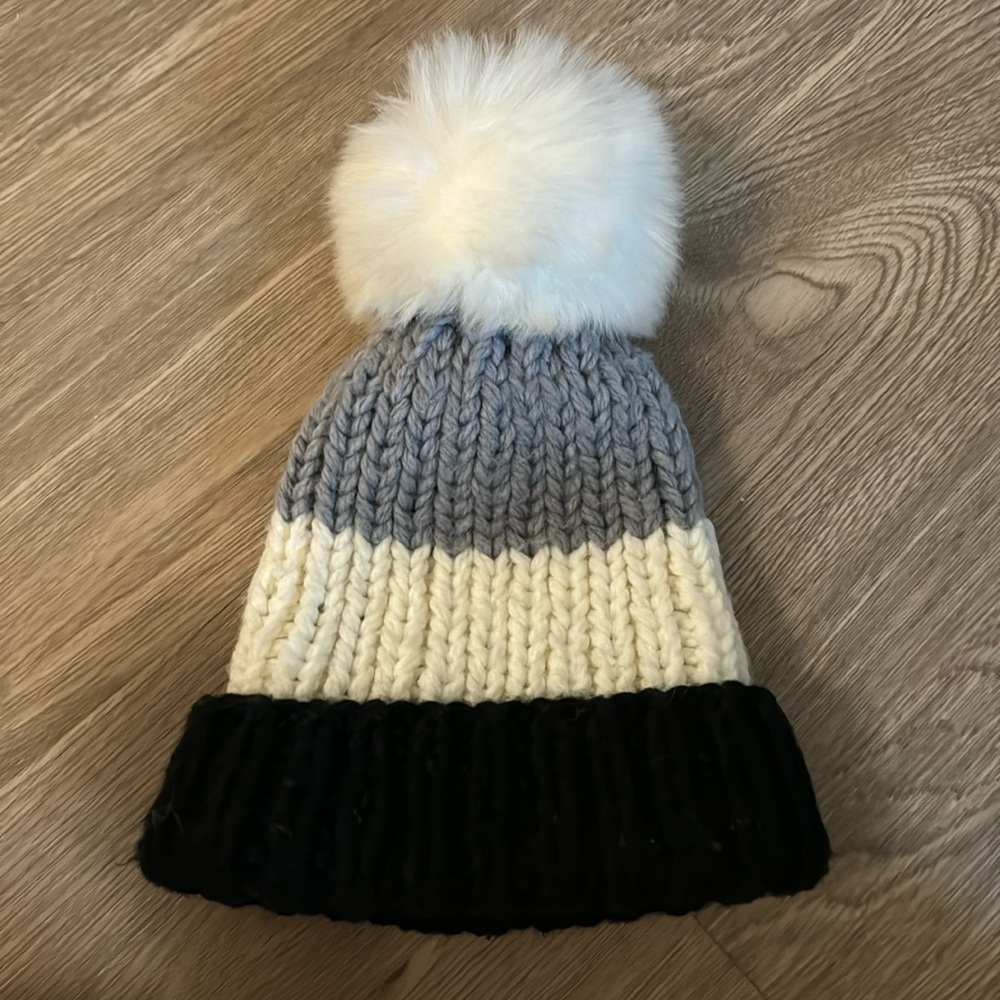 Norla Canada Striped Wool Beanie Hat Faux Fur Pom